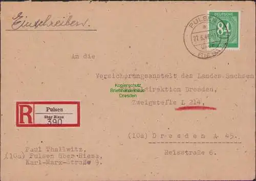 B15782 Brief Alliierte Besetzung 936 R-Brief Einschreiben Pulsen über Riesa 1947
