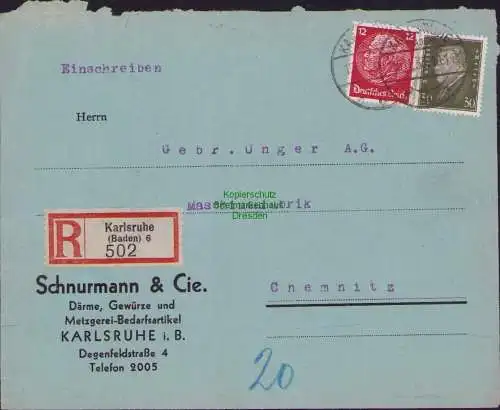 B15784 R-Brief Einschreiben Karlsruhe Baden 1933 nach Chemnitz Gebr. Unger A.-G.