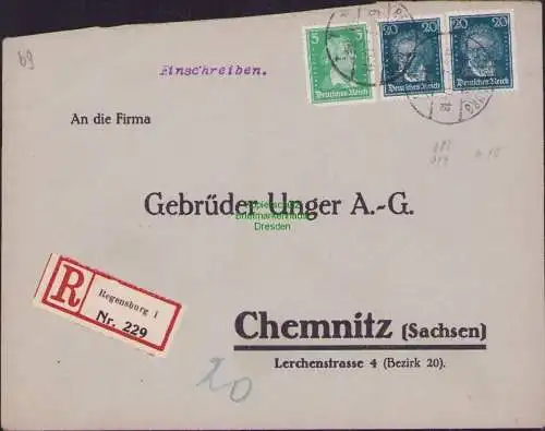 B15783 R-Brief Einschreiben Regensburg 1928 nach Chemnitz Gebr. Unger A.-G.