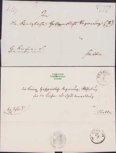 B15777 2x leerer Faltbrief Penkun um 1840 bzw 1880 nach Stettin Superintendentur