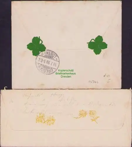 B15764 2x Brief Dresden 1899 Blumenmotiv Kleeblatt Aufkleber als Briefverschluß