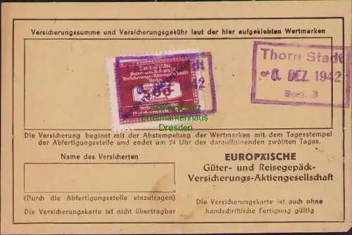 B15674 Thorn Stadt Torun 1942 Versicherungskarte Europäische Vers. Köln Wien