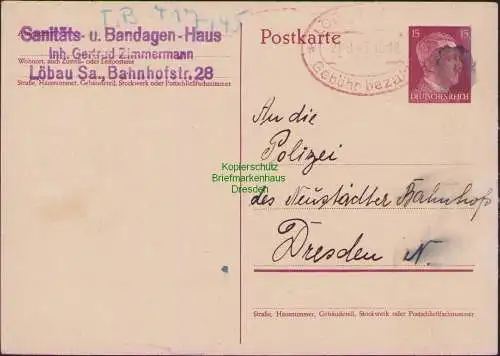 B15740 Brief an Kriminalpolizei Dresden 1945 21.9 Löbau Gebühr bezahlt