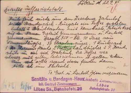 B15740 Brief an Kriminalpolizei Dresden 1945 21.9 Löbau Gebühr bezahlt