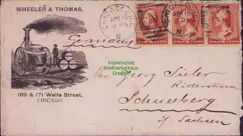 B15656 Brief USA 3er Streifen 2 cent G. Washington Chicago 1886 nach Schneeberg