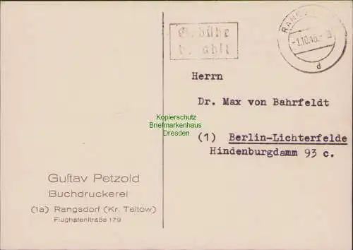 B15603 Postkarte Gebühr bezahlt Rangsdorf Kr. Teltow 1945 n. Berlin Lichterfelde