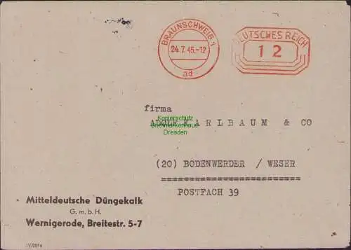 B15618 Brief Grenzgängerpost Wernigerode - Braunschweig 1945 Freistempel