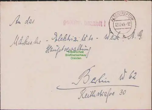 B15564 Brief Gebühr bezahlt Altentreptow 1945 Märkisches Elektrizitätswerk Berli