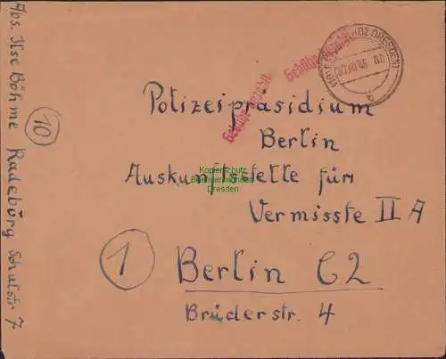 B15607 Brief Gebühr bezahlt Radeburg Bz Dresden 1945 an Polizeipräsidium Berlin