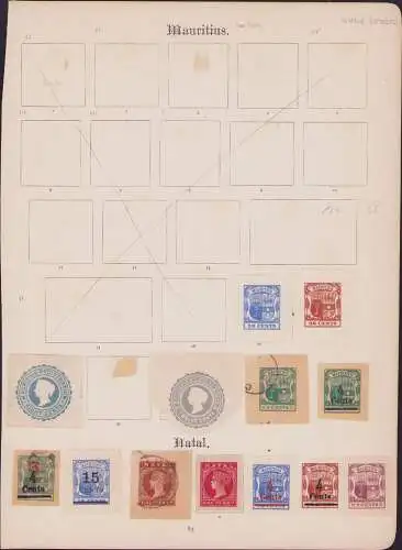 B15402 11 Ganzsachen Ausschnitte Mauritius um 1890 + 2x Natal