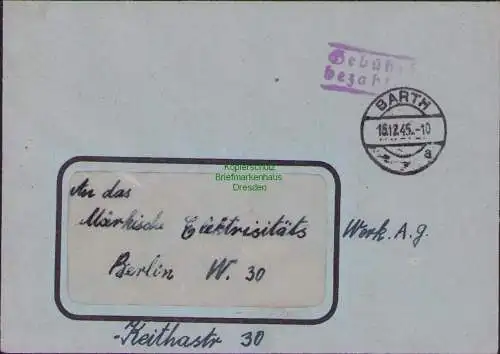 B15565 Brief Gebühr bezahlt Barth 1945 an Märkisches Elektrizitätswerk Berlin