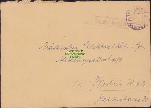 B15572 Brief Gebühr bezahlt Tribsees Pom. 1945 an Märkisches Elektrizitätswerk
