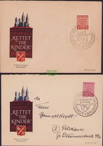 B15581 2x Gedenkumschlag Naumburg Domstadt Rettet die Kinder 5 II, 6 I 1945 1946