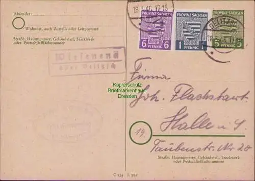 B15625 SBZ Provinz Sachsen Ganzsache 5 Pfg. P 9 1946 Landpoststempel Wiesenena