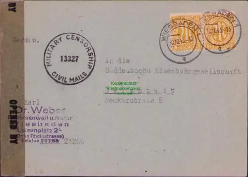 B15617 Brief BAZ Wiesbaden 1945  nach Darmstadt Zensur Military Censorship
