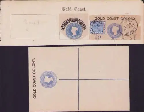 B15404 Ganzsache Gold Coast Colony + 2x Ausschnitt um 1890 1898