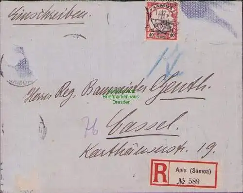 B15503 Brief Samoa Apia 1913 R-Zettel Frakatur entfernt, nur 40 Pfg. Nr. 13 noch