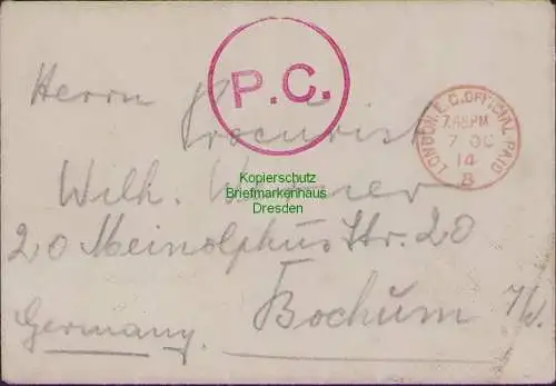B15525 Feldpostbrief London E. C. Official Paid 1914 rot n Bochum roter Stempel