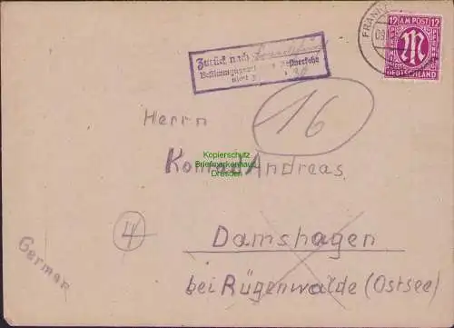 B15615 Brief BAZ Frankfurt Main 13.11.45 Zensur nach Damshagen bei Rügenwalde