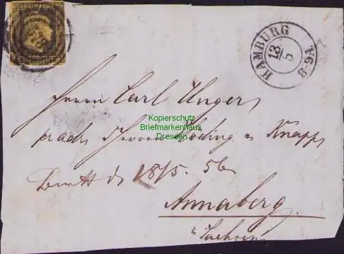 B15590 Preußen 4 Briefvorderseite Hamburg nach Annaberg um 1855