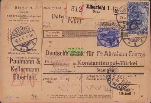 B15510 Paketkarte Elberfeld nach Konstantinopel Türkei 1917