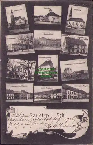 158329 AK Raudten i. Schlesien 1905 Kirche Rathaus Hauptbahnhof Post Schloss Bur