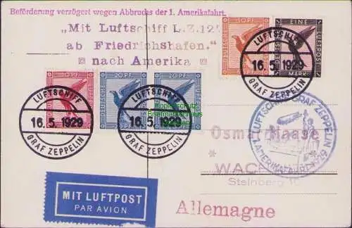 158331 Postkarte Zeppelinpost 1. Amerikafahrt 16.5.1929 Graf Zeppelin verzögert