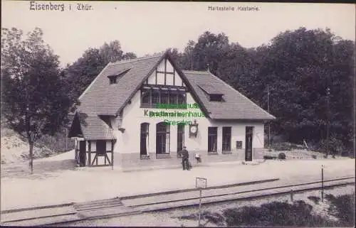 158442 AK Eisenberg i. Thür. 1907 Haltestelle Bahnhof Kastanie Fahrkarten Warte