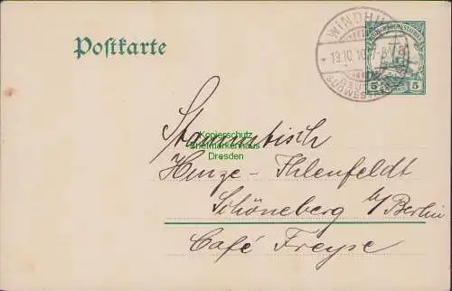 158312 Ganzsache DSW Südwestafrika Windhuk 1910 nach Schöneberg b. Berlin