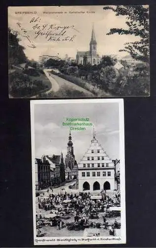 124649 2 AK Greifswald 1909 Wallpromenade kath. Kirche Markt Rathaus Feldpost