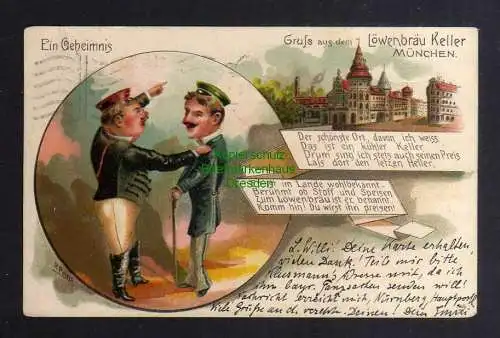 124408 AK München 1906 Litho Löwenbräu Keller Ein Geheimnis Karrikatur