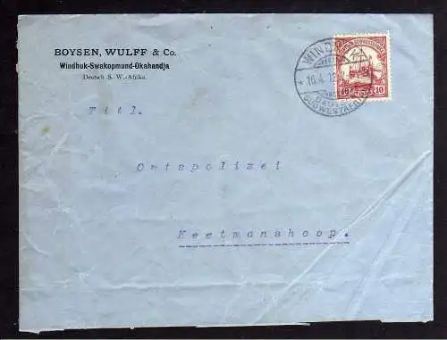 B1003 Brief Deutsch Südwestafrika 1912 Firmenvordruck Boysen Wulff  Co. Windhuk