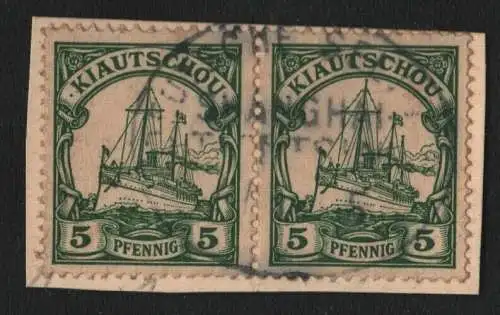 B3718 China Kiautschou 2x 6 Briefstück Deutsche Seepost Shanghai - Tientsin 1905