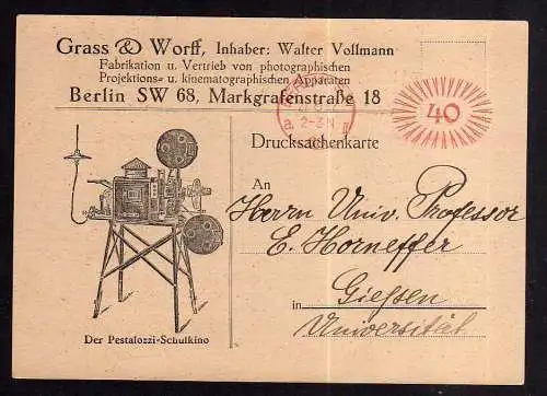 95376 Werbekarte Berlin Pestalozzi Schulkino Filmapperat 1922 aus Hille Technik