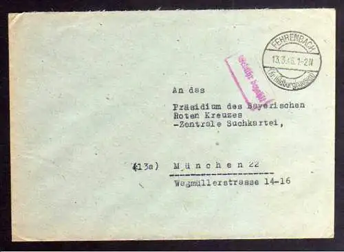 B928 SBZ Brief Gebühr bezahlt 1946 Fehrenbach Kr. Hildburghausen an Suchdienst M