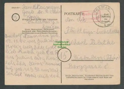 B6245 Postkarte SBZ Gebühr bezahlt 1945 Themar an Suchstelle Eisenberg