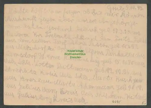 B6245 Postkarte SBZ Gebühr bezahlt 1945 Themar an Suchstelle Eisenberg