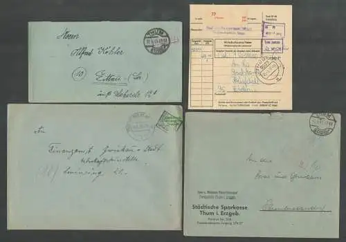 B6166 3x Brief SBZ Gebühr bezahlt 1945 Thum Erzgeb. Thurm Kr. Glauchau 1946