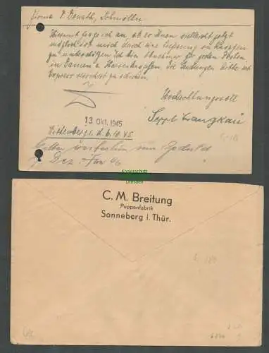 B6276 2x Brief Postkarte SBZ Gebühr bezahlt 1945 Wittenberge Puppenfabrik