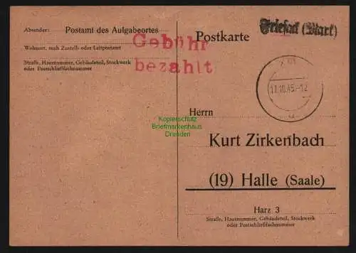 B11952 SBZ Postkarte Notstempel Friesack (Mark) 1945 nach Halle Saale