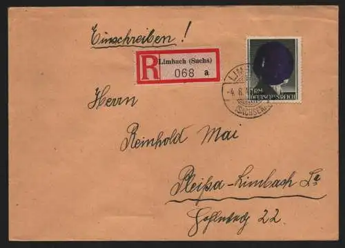B12436 SBZ Ostsachsen Sächsische Schwärzung 1945 1.- Hitler R-Brief Limbach 4.