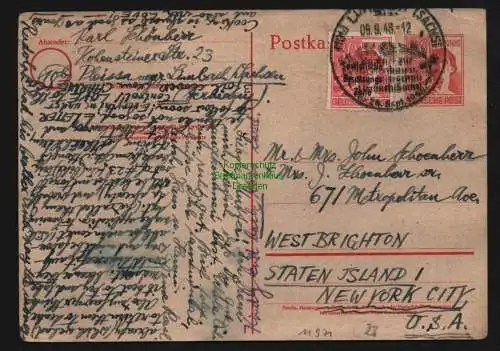 B11971 SBZ 193 EF Postkarte GS Alliierte Formularaufbrauch n. New York City 1948