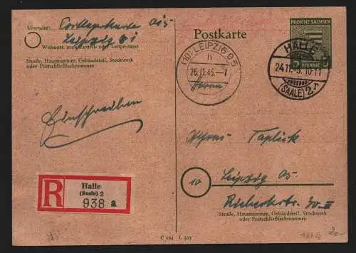 B12422 SBZ Ganzsache Halle Saale 1945 Einschreiben nach Leipzig