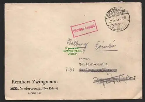 B10144 Brief SBZ Gebühr bezahlt Niederorschel Eichsfeld 1945 an Friwi Stolberg