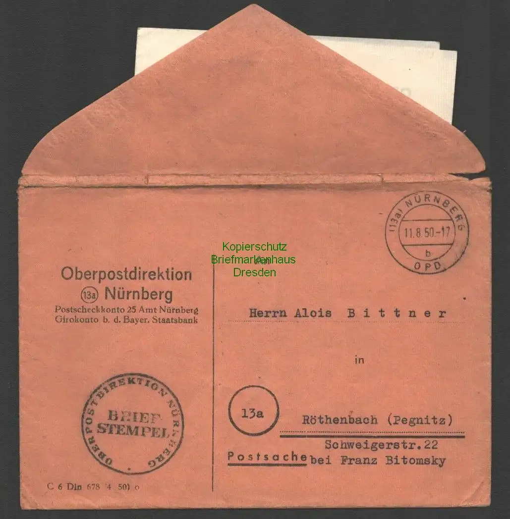 B7496 BRD 1950 OPD Nürnberg Postsache nach Röthenbach Pegnitz Zeitgeschichte