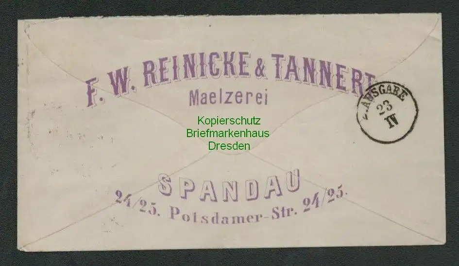 B6868 Brief Berlin Spandau 1874 Reinicke & Tannert Maelzerei schöner Vordruck
