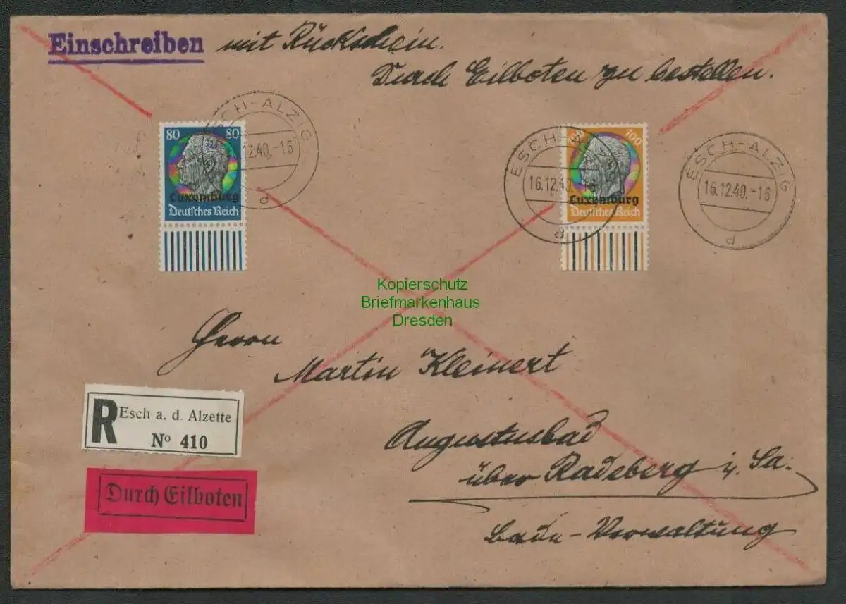 B6923 Brief Eilboten Esch-Alzig Alzette 1940 Luxemburg nach Augustusbad