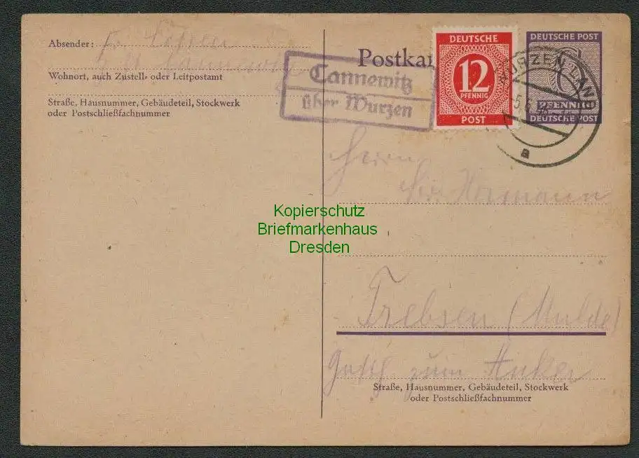 B7006 Ganzsache P17 Formularaufbrauch Landpoststempel Cannewitz über Wurzen