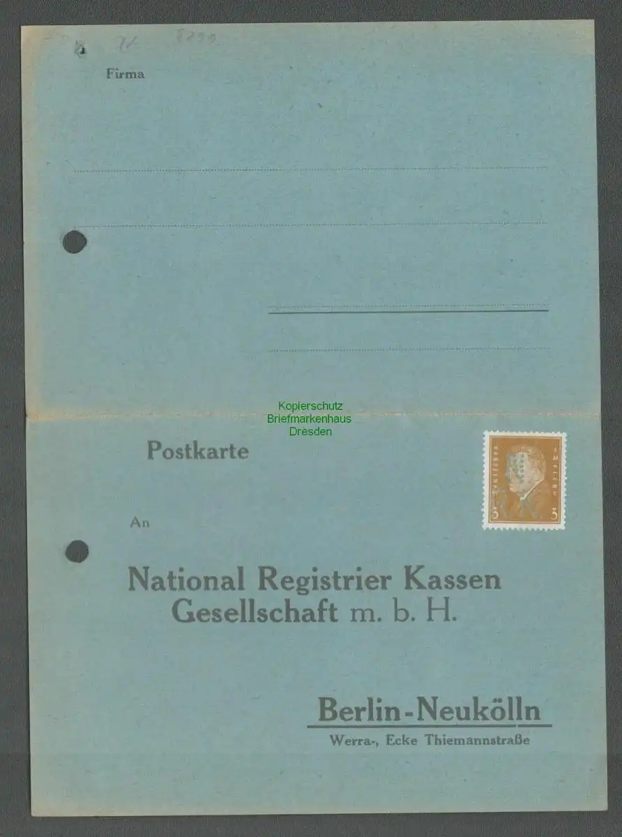 B6623 Postkarte Perfin N. R. K. National Registrier Kassen Ges. Berlin Neukölln
