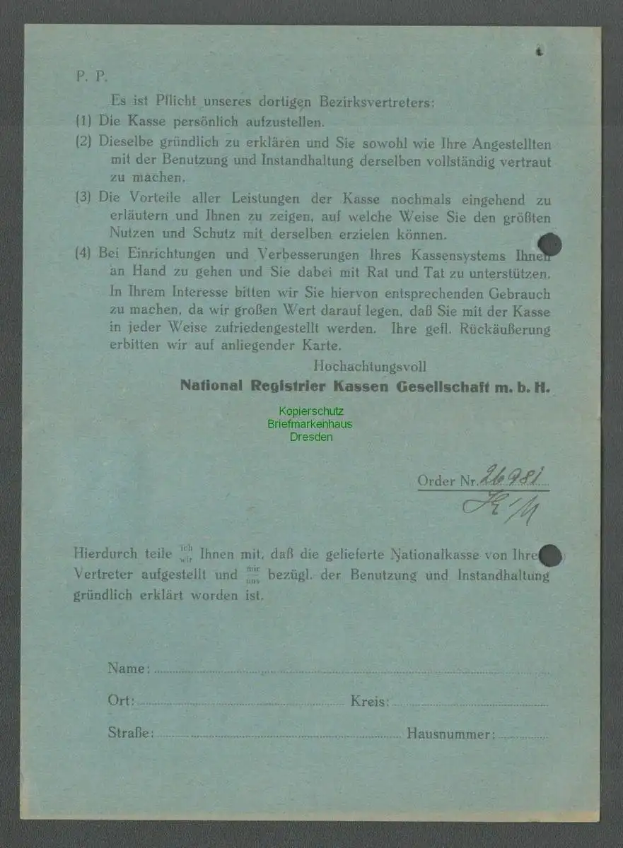 B6623 Postkarte Perfin N. R. K. National Registrier Kassen Ges. Berlin Neukölln